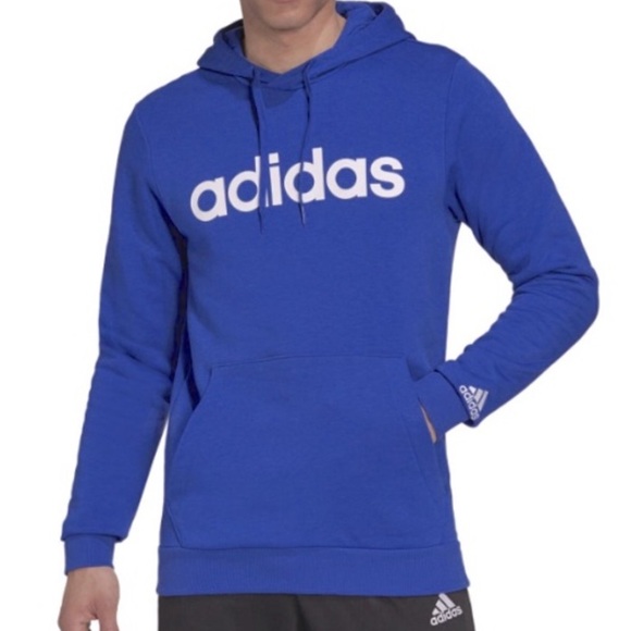 NWOT Adidas Blue Hooded Sweatshirt Essentials with White Linear Logo Size Small - Picture 5 of 5